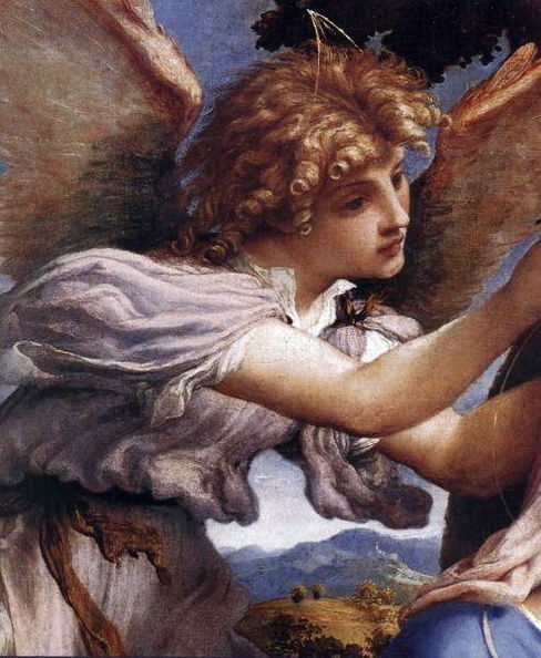 Detalle de un ángel de la pintura de la Virgen y el niño